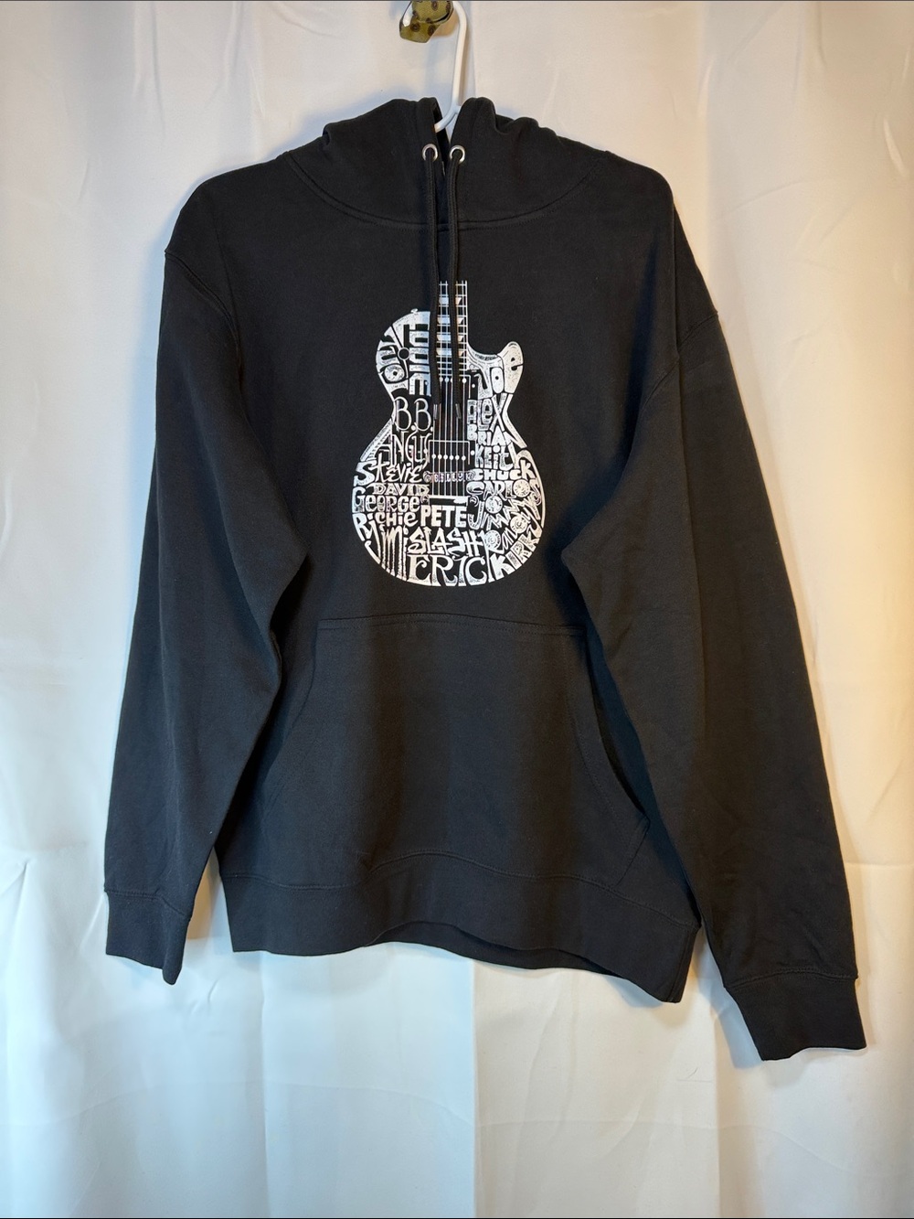 LA Pop Art Black Pullover Hoodie with White Guitar Graphic